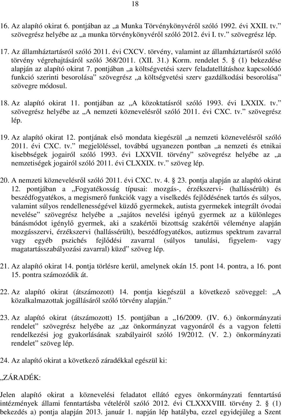 pontjában a költségvetési szerv feladatellátáshoz kapcsolódó funkció szerinti besorolása szövegrész a költségvetési szerv gazdálkodási besorolása szövegre módosul. 18. Az alapító okirat 11.
