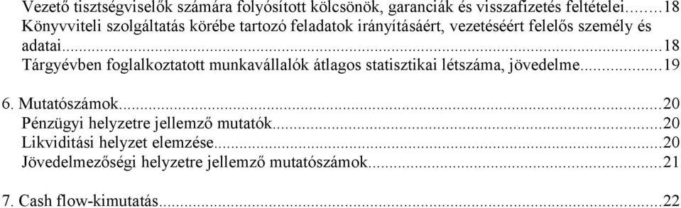 ..18 Tárgyévben foglalkoztatott munkavállalók átlagos statisztikai létszáma, jövedelme...19 6. Mutatószámok.