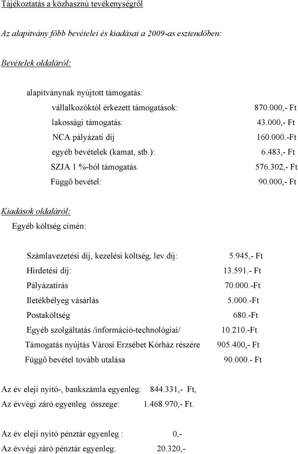 000,- Ft Kiadások oldaláról: Egyéb költség címén: Számlavezetési díj, kezelési költség, lev.