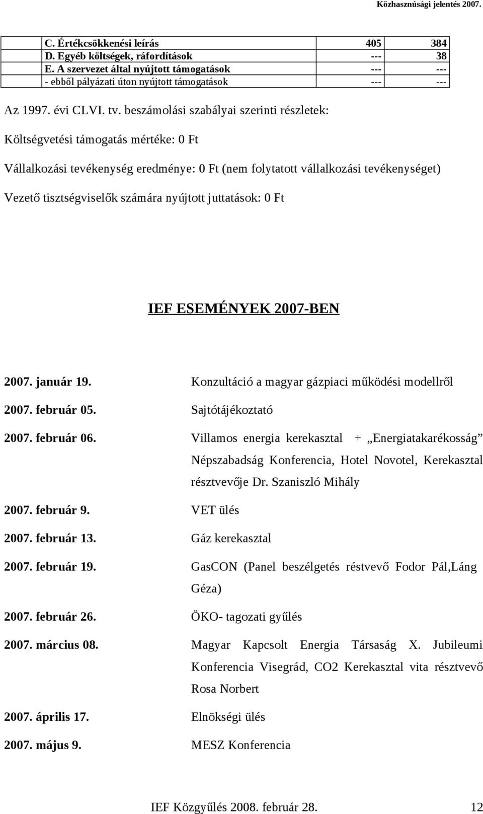 nyújtott juttatások: 0 Ft IEF ESEMÉNYEK 2007-BEN 2007. január 19. Konzultáció a magyar gázpiaci működési modellről 2007. február 05. Sajtótájékoztató 2007. február 06.