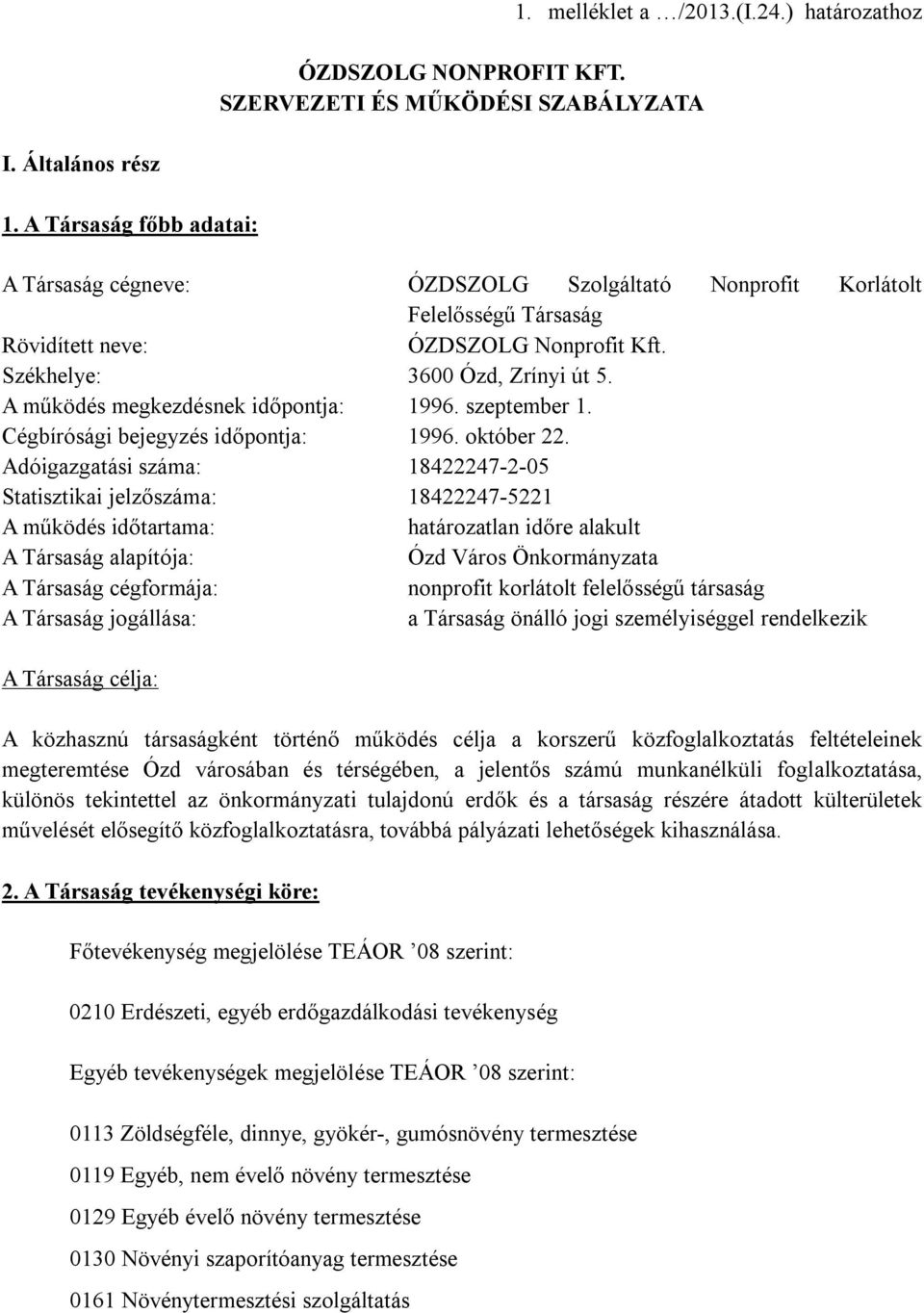 A működés megkezdésnek időpontja: 1996. szeptember 1. Cégbírósági bejegyzés időpontja: 1996. október 22.