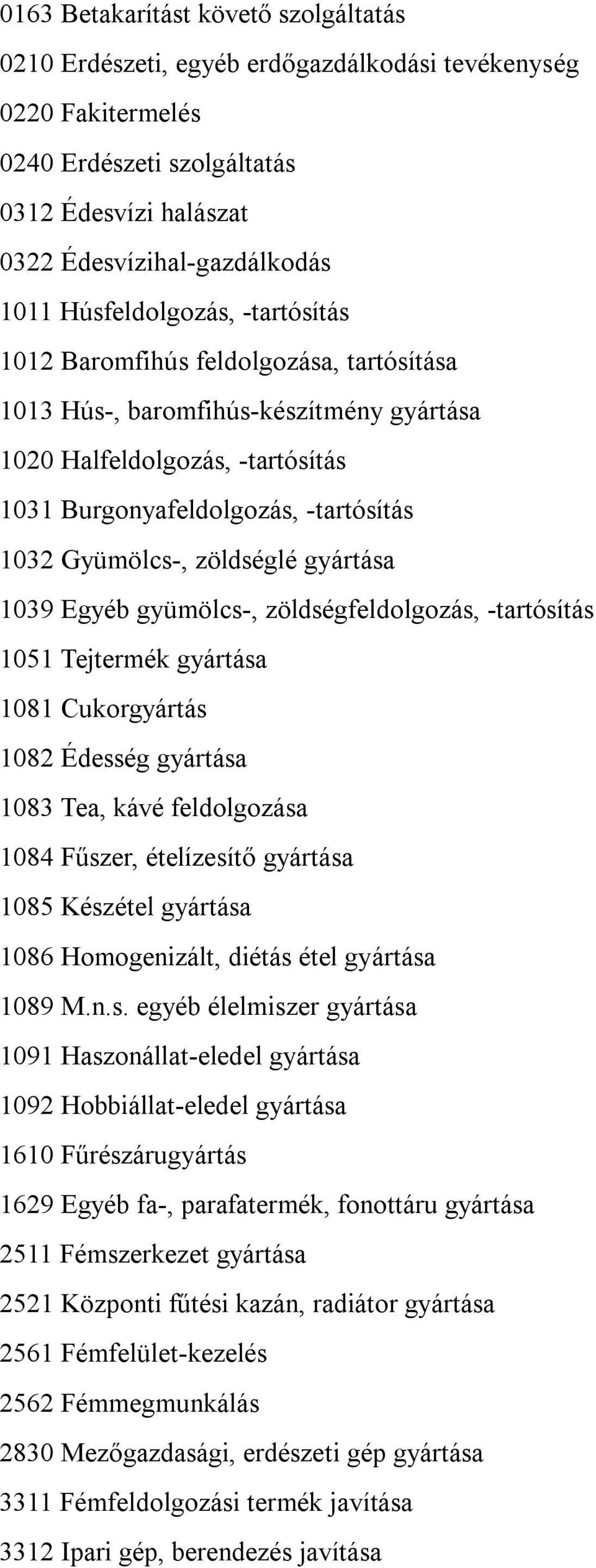 zöldséglé gyártása 1039 Egyéb gyümölcs-, zöldségfeldolgozás, -tartósítás 1051 Tejtermék gyártása 1081 Cukorgyártás 1082 Édesség gyártása 1083 Tea, kávé feldolgozása 1084 Fűszer, ételízesítő gyártása