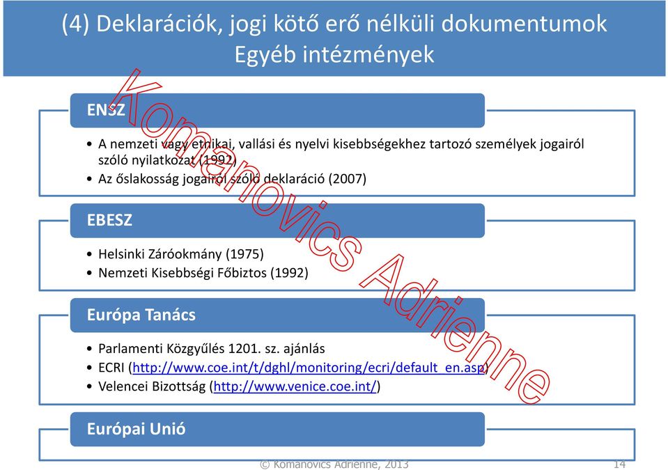 Helsinki Záróokmány (1975) Nemzeti Kisebbségi Főbiztos (1992) Európa Tanács Parlamenti Közgyűlés 1201. sz.