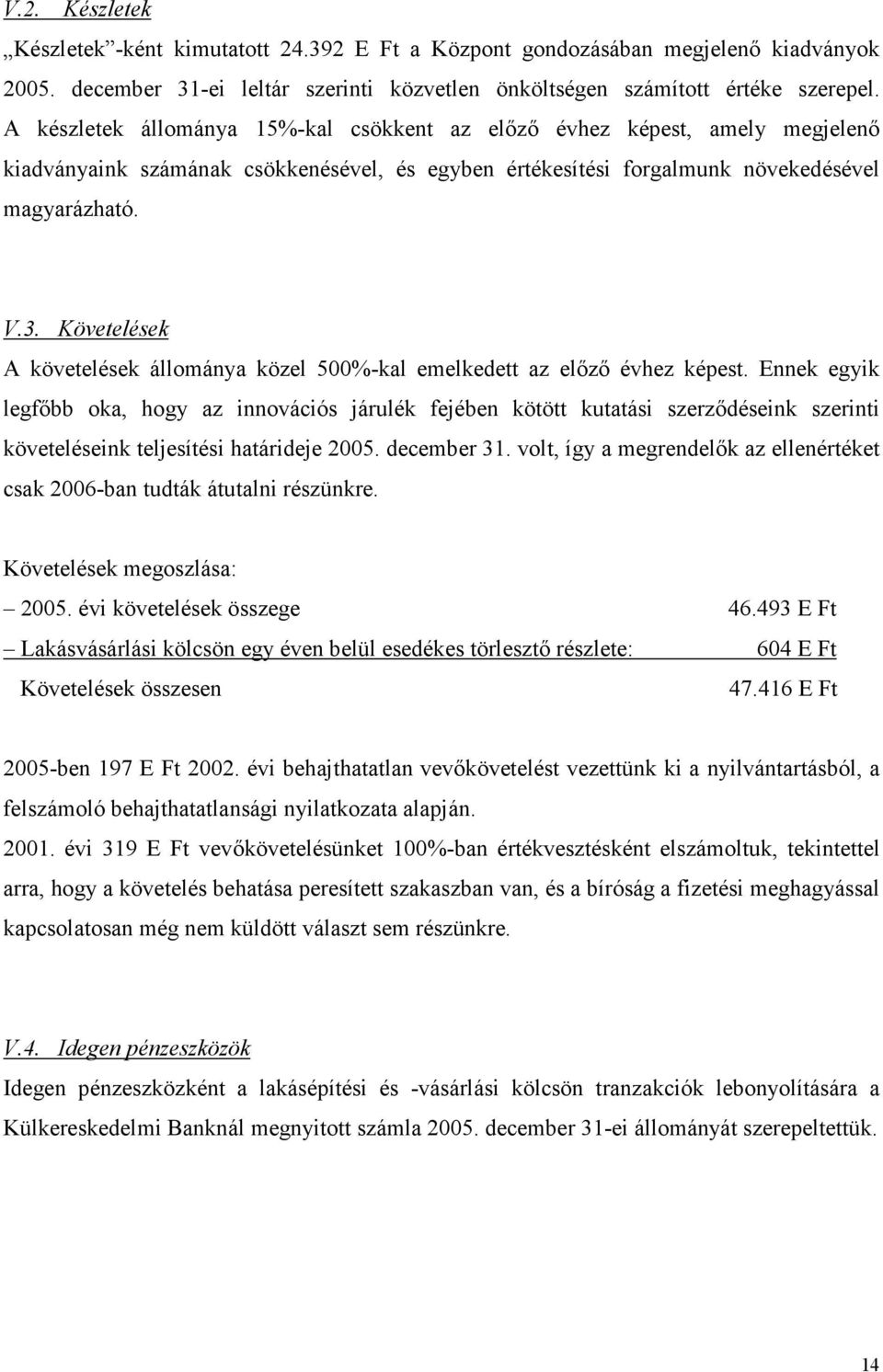 Követelések A követelések állománya közel 500%-kal emelkedett az elızı évhez képest.