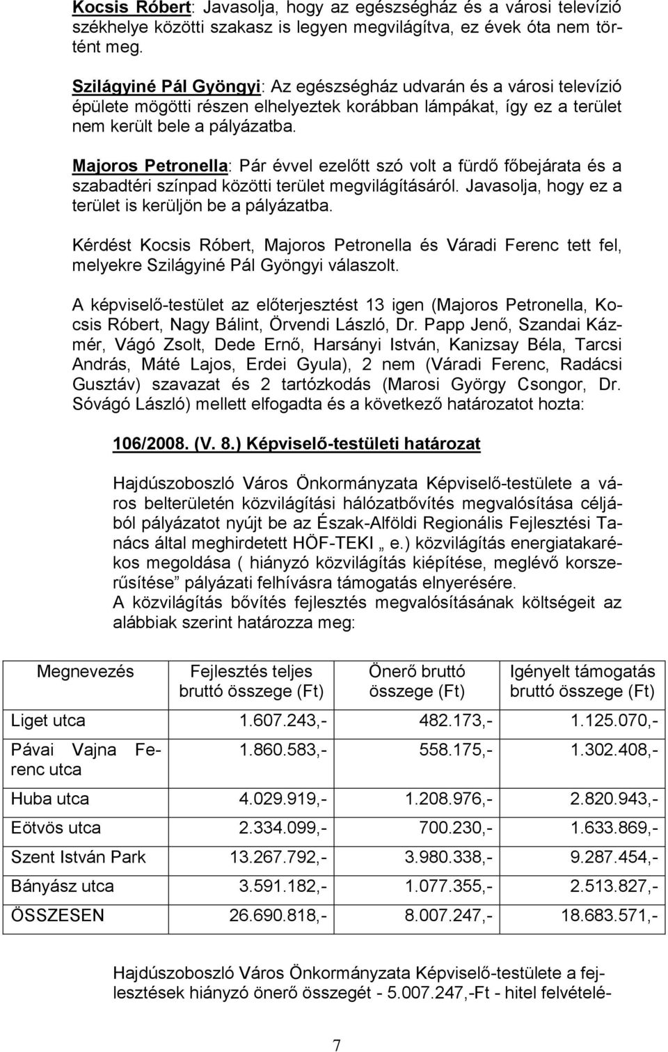 Majoros Petronella: Pár évvel ezelőtt szó volt a fürdő főbejárata és a szabadtéri színpad közötti terület megvilágításáról. Javasolja, hogy ez a terület is kerüljön be a pályázatba.
