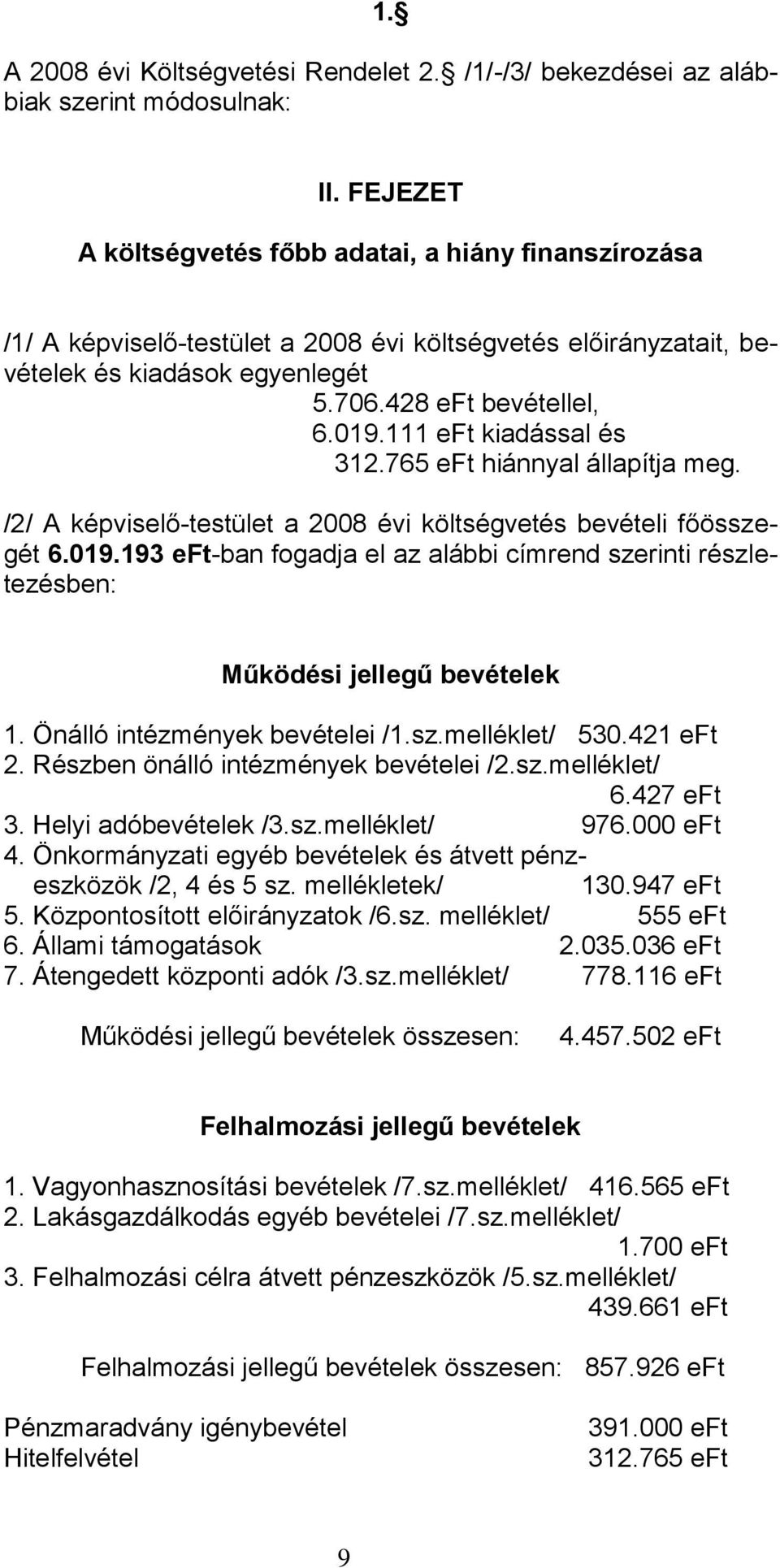 111 eft kiadással és 312.765 eft hiánnyal állapítja meg. /2/ A képviselő-testület a 2008 évi költségvetés bevételi főösszegét 6.019.