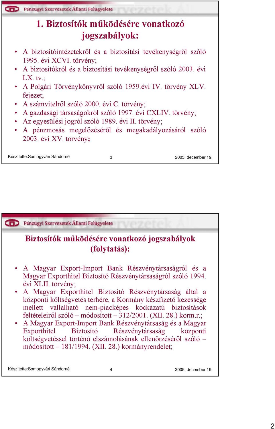 törvény; Az egyesülési jogról szóló 1989. évi II. törvény; A pénzmosás megelőzéséről és megakadályozásáról szóló 2003. évi XV. törvény; Készítette:Somogyvári Sándorné 3 2005. december 19.