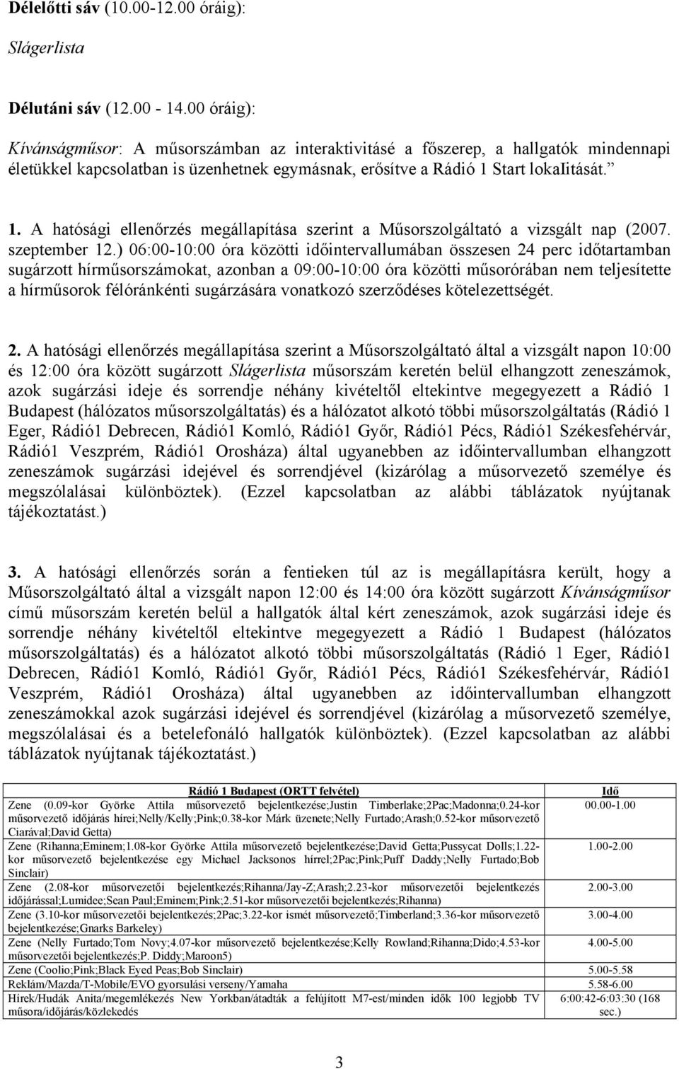 Start lokaiitását. 1. A hatósági ellenőrzés megállapítása szerint a Műsorszolgáltató a vizsgált nap (2007. szeptember 12.