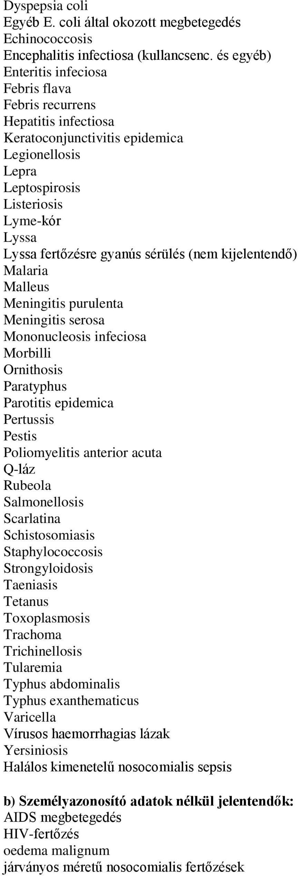 sérülés (nem kijelentendő) Malaria Malleus Meningitis purulenta Meningitis serosa Mononucleosis infeciosa Morbilli Ornithosis Paratyphus Parotitis epidemica Pertussis Pestis Poliomyelitis anterior