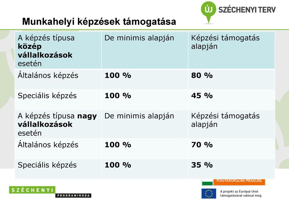 képzés 100 % 45 % A képzés típusa nagy vállalkozások esetén De minimis alapján