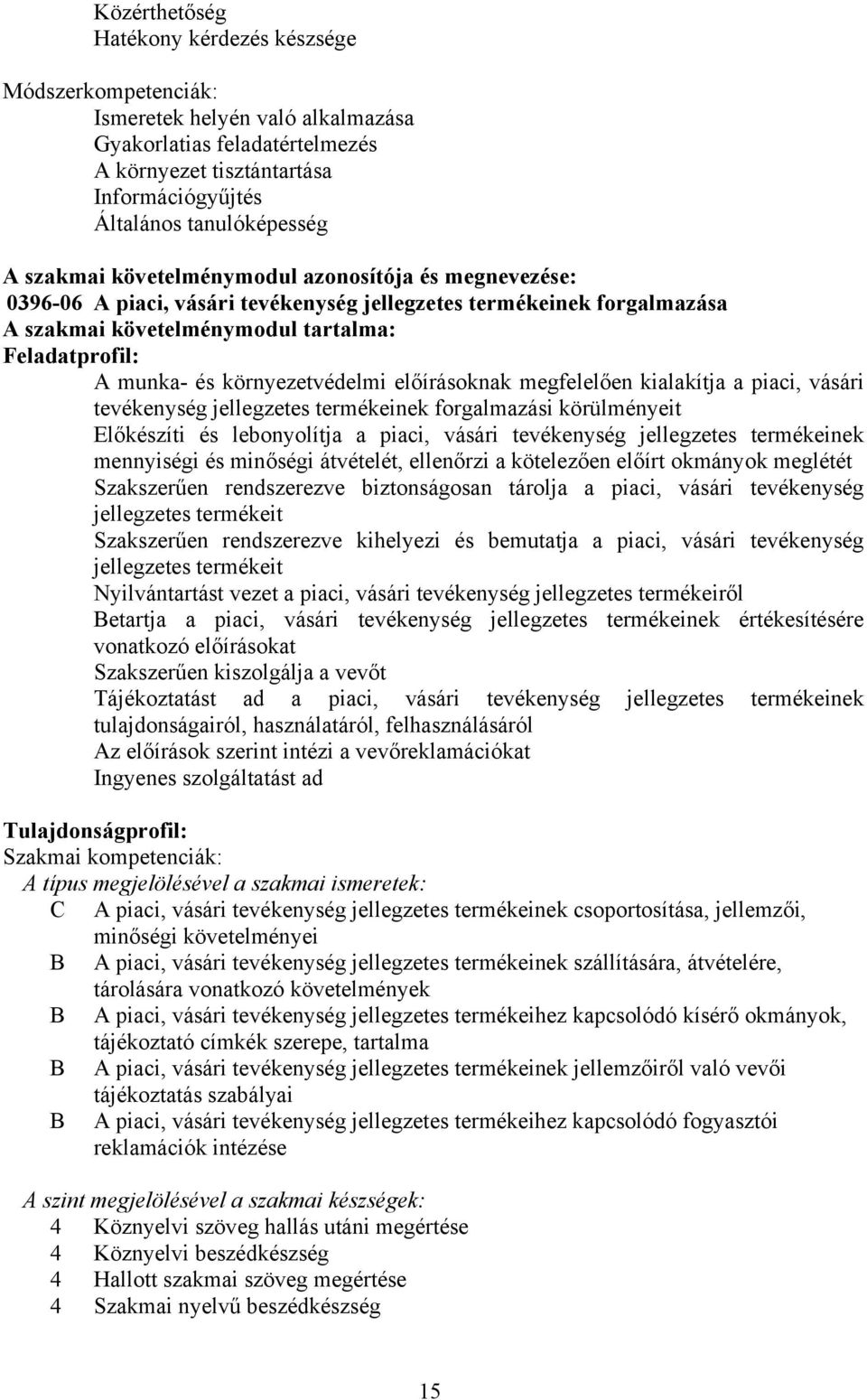 környezetvédelmi előírásoknak megfelelően kialakítja a piaci, vásári tevékenység jellegzetes termékeinek forgalmazási körülményeit Előkészíti és lebonyolítja a piaci, vásári tevékenység jellegzetes