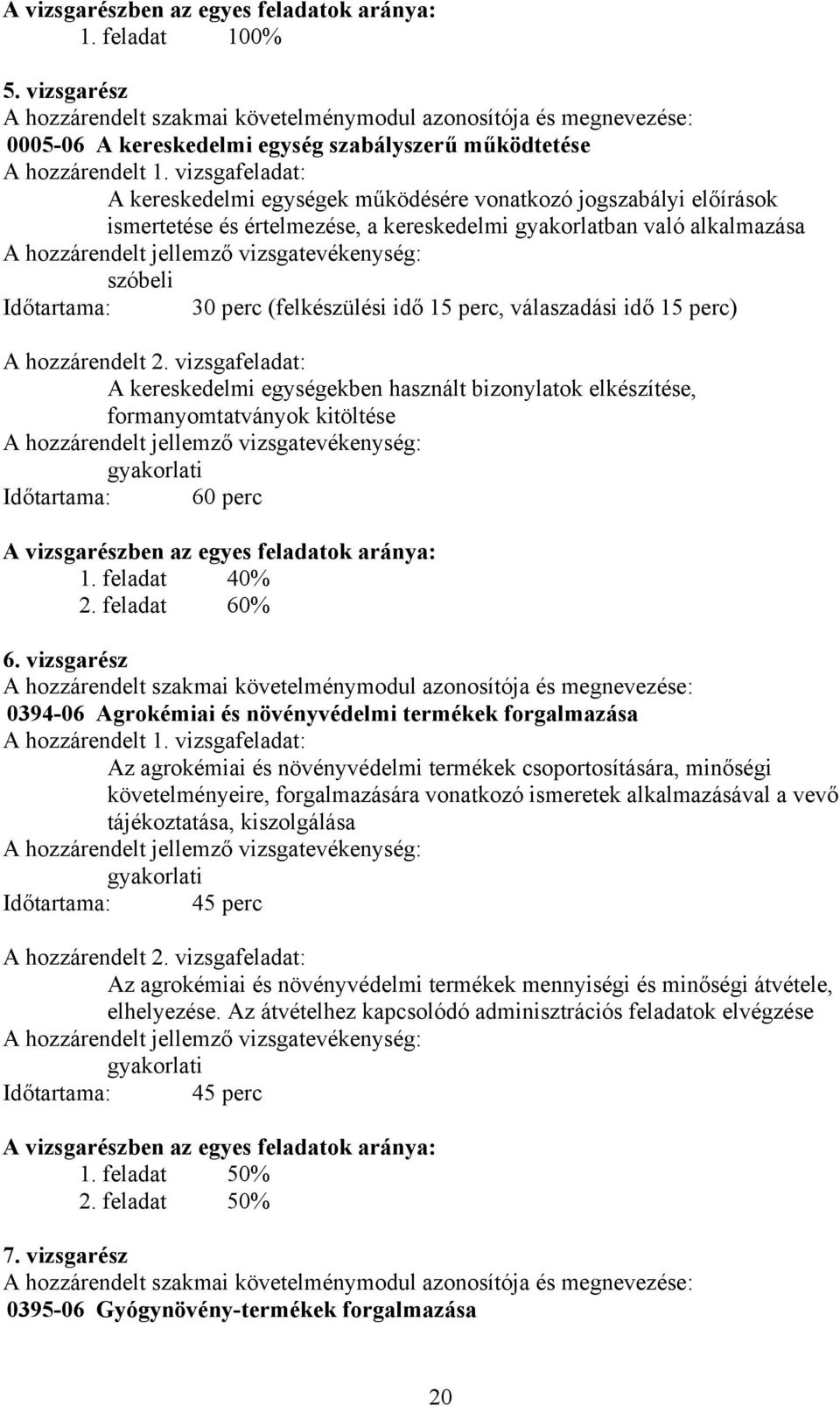 vizsgafeladat: A kereskedelmi egységek működésére vonatkozó jogszabályi előírások ismertetése és értelmezése, a kereskedelmi gyakorlatban való alkalmazása szóbeli Időtartama: 30 perc (felkészülési