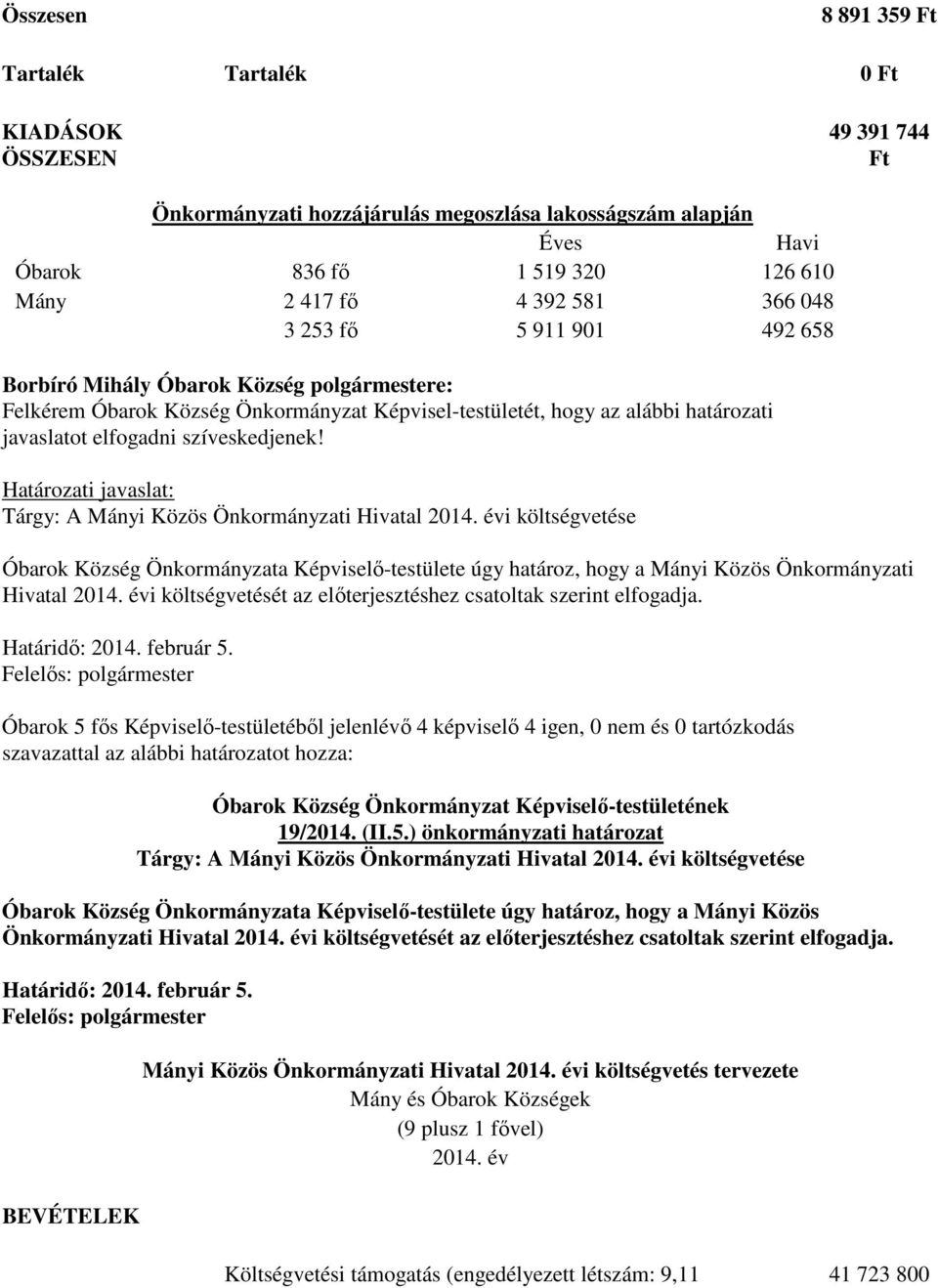 Határozati javaslat: Tárgy: A Mányi Közös Önkormányzati Hivatal 2014 évi költségvetése Óbarok Község Önkormányzata Képviselő-testülete úgy határoz, hogy a Mányi Közös Önkormányzati Hivatal 2014 évi