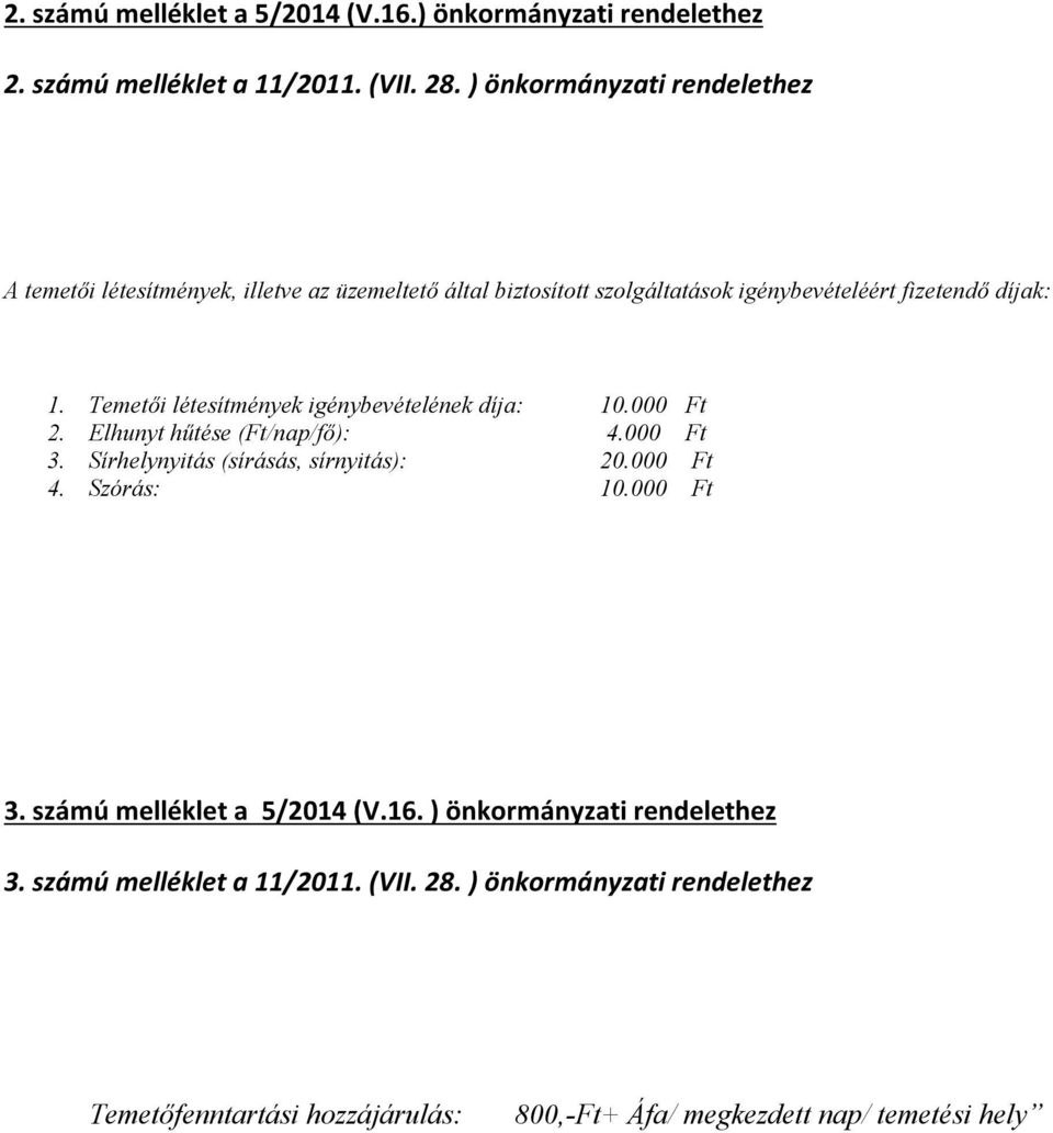 Temetői létesítmények igénybevételének díja: 10.000 Ft 2. Elhunyt hűtése (Ft/nap/fő): 4.000 Ft 3. Sírhelynyitás (sírásás, sírnyitás): 20.000 Ft 4.
