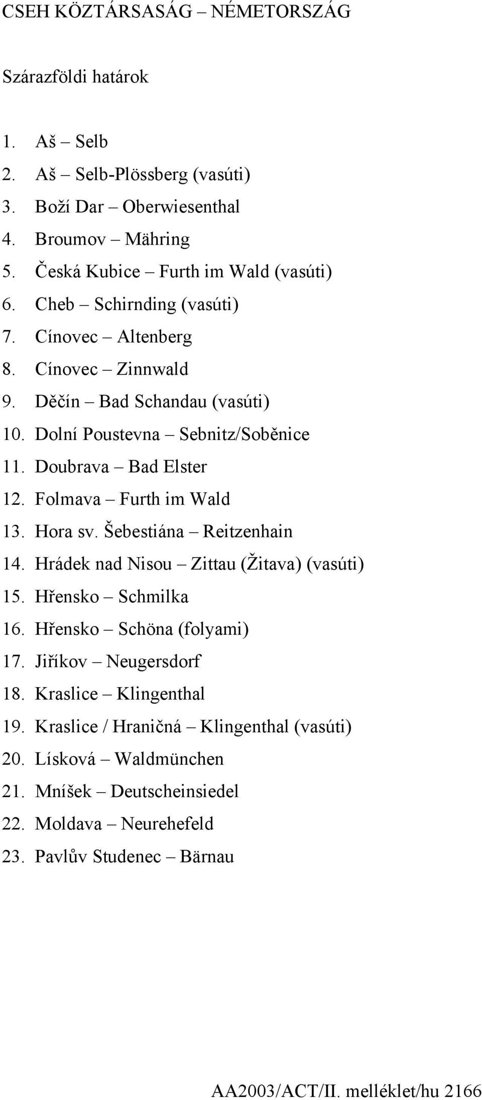 Folmava Furth im Wald 13. Hora sv. Šebestiána Reitzenhain 14. Hrádek nad Nisou Zittau (Žitava) (vasúti) 15. Hřensko Schmilka 16. Hřensko Schöna (folyami) 17. Jiříkov Neugersdorf 18.