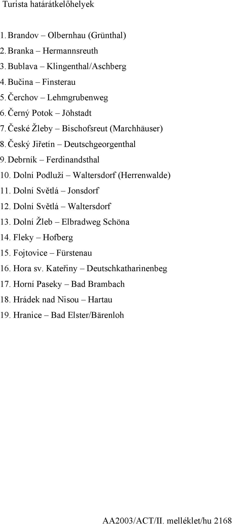 Dolní Podluží Waltersdorf (Herrenwalde) 11. Dolní Světlá Jonsdorf 12. Dolní Světlá Waltersdorf 13. Dolní Žleb Elbradweg Schöna 14. Fleky Hofberg 15.
