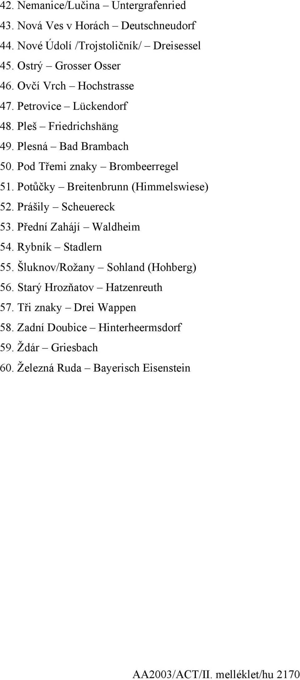 Potůčky Breitenbrunn (Himmelswiese) 52. Prášily Scheuereck 53. Přední Zahájí Waldheim 54. Rybník Stadlern 55. Šluknov/Rožany Sohland (Hohberg) 56.