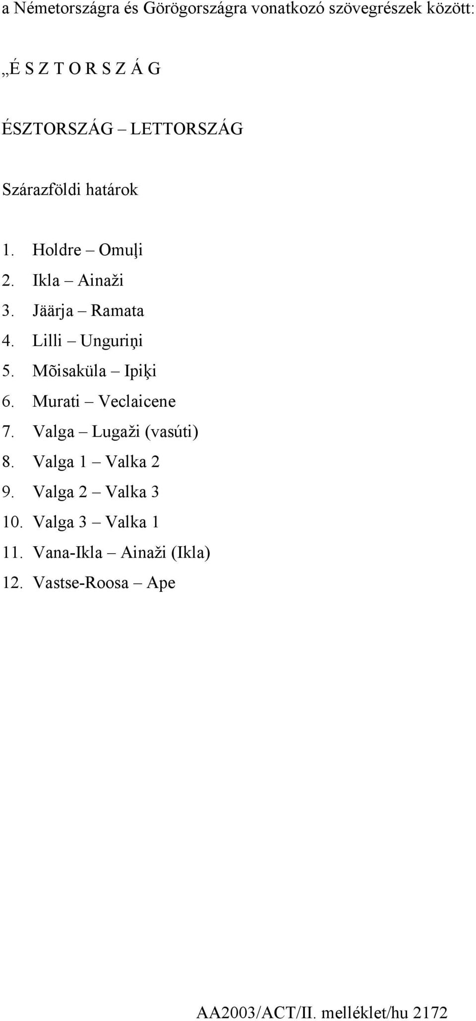 Mõisaküla Ipiķi 6. Murati Veclaicene 7. Valga Lugaži (vasúti) 8. Valga 1 Valka 2 9.