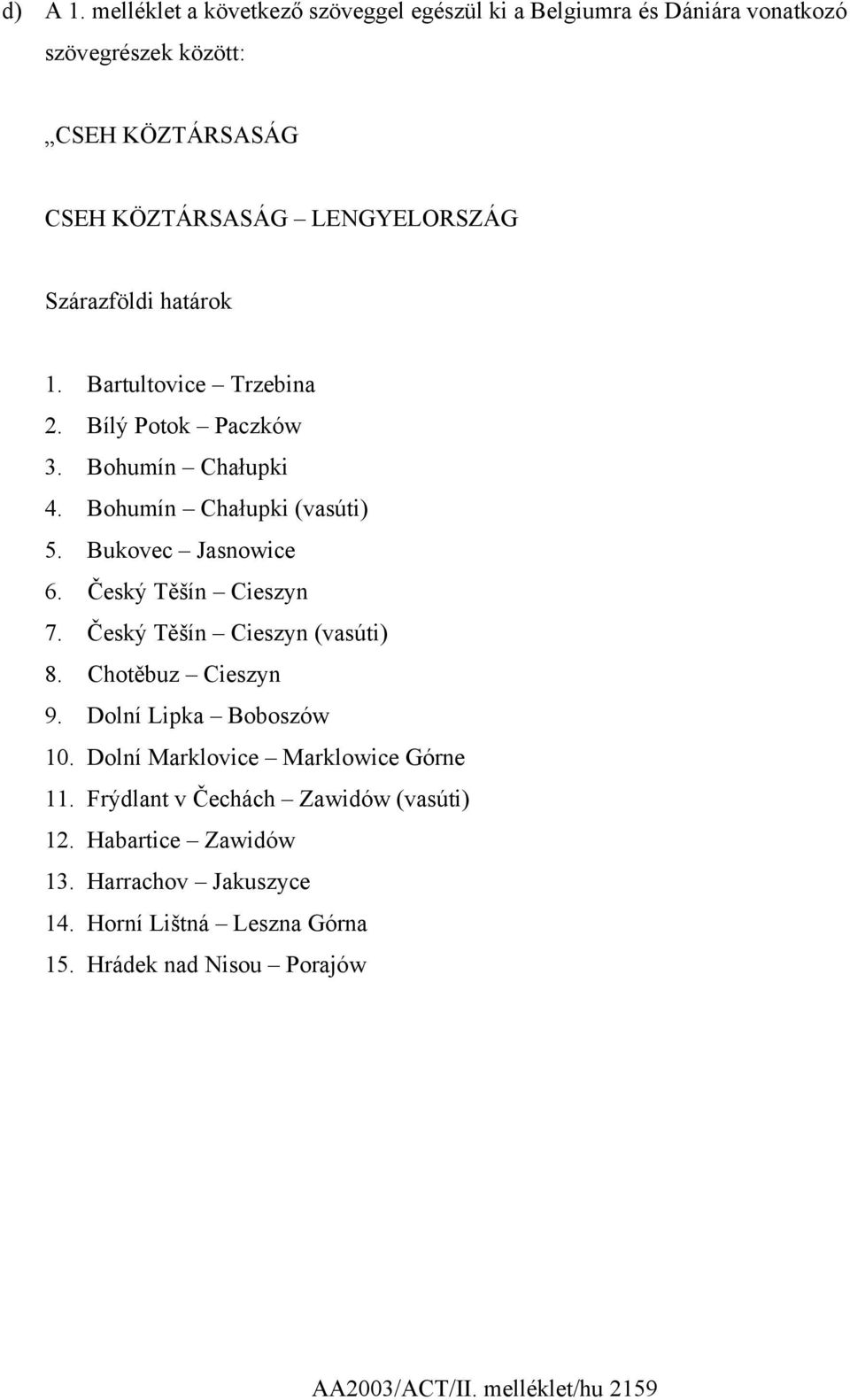Szárazföldi határok 1. Bartultovice Trzebina 2. Bílý Potok Paczków 3. Bohumín Chałupki 4. Bohumín Chałupki (vasúti) 5. Bukovec Jasnowice 6.