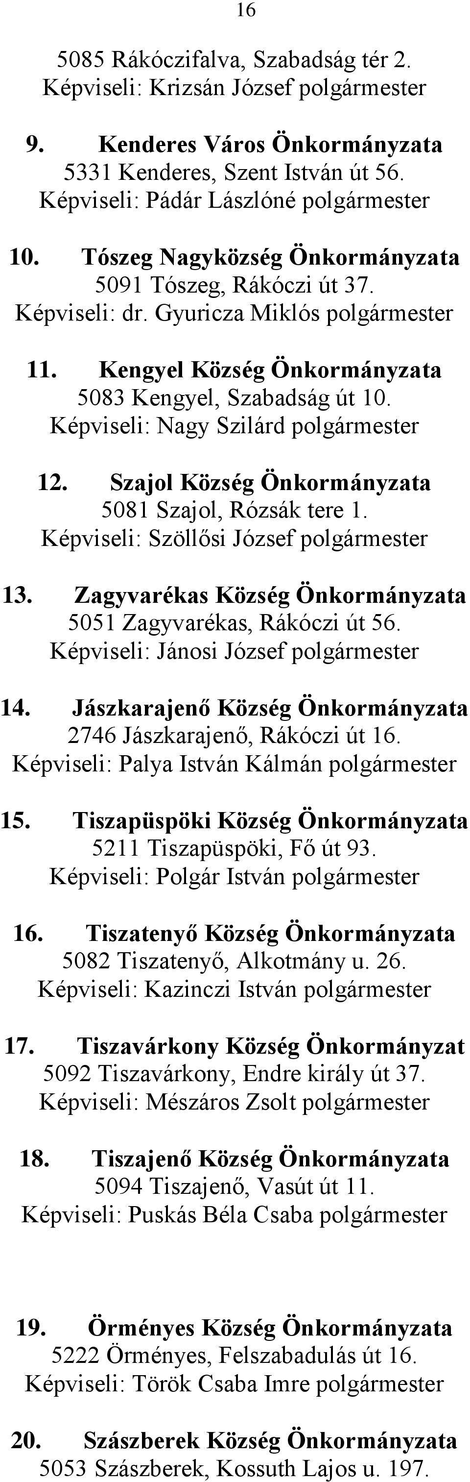 Képviseli: Nagy Szilárd polgármester 12. Szajol Község Önkormányzata 5081 Szajol, Rózsák tere 1. Képviseli: Szöllősi József polgármester 13.