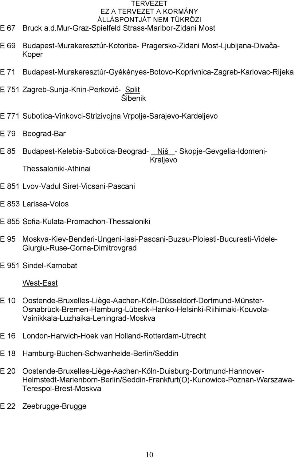 Budapest-Murakeresztúr-Gyékényes-Botovo-Koprivnica-Zagreb-Karlovac-Rijeka E 751 Zagreb-Sunja-Knin-Perković- Split Šibenik E 771 Subotica-Vinkovci-Strizivojna Vrpolje-Sarajevo-Kardeljevo E 79
