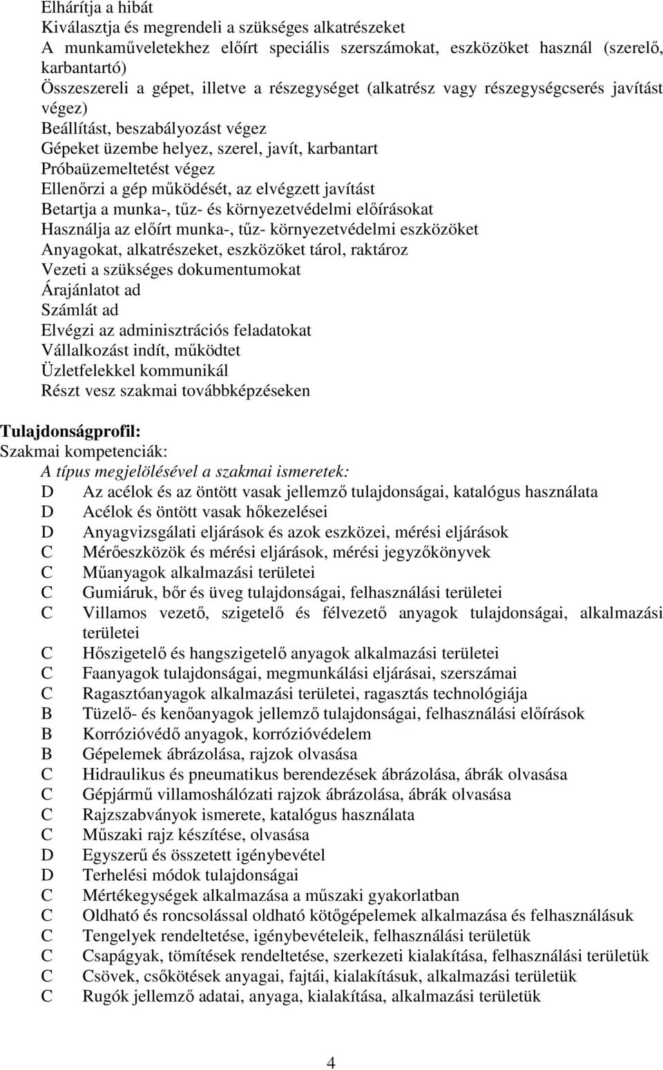 elvégzett javítást etartja a munka-, tűz- és környezetvédelmi előírásokat Használja az előírt munka-, tűz- környezetvédelmi eszközöket Anyagokat, alkatrészeket, eszközöket tárol, raktároz Vezeti a
