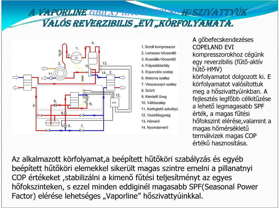 A fejlesztés legfőbb célkitűzése a lehető legmagasabb SPF érték, a magas fűtési hőfokszint elérése,valamint a magas hőmérsékletű termálvizek magas COP értékű hasznosítása.
