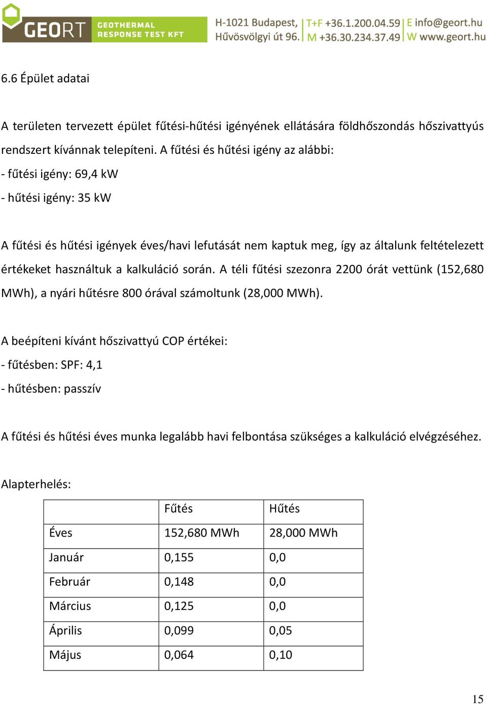 a kalkuláció során. A téli fűtési szezonra 2200 órát vettünk (152,680 MWh), a nyári hűtésre 800 órával számoltunk (28,000 MWh).