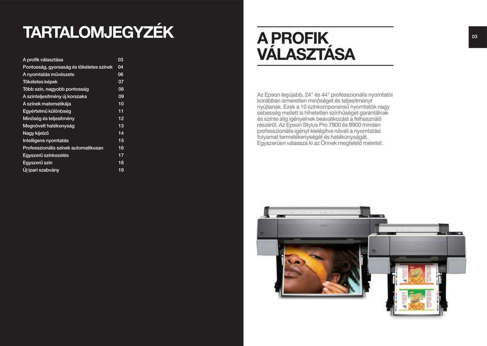 színkezelés 17 Egyszerű szín 18 Új ipari szabvány 19 A PROFIK VÁLASZTÁSA Az Epson legújabb, 24" és 44" professzionális nyomtatói korábban ismeretlen minőséget és teljesítményt nyújtanak.
