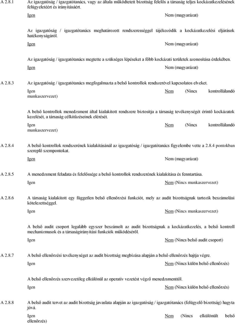 Az igazgatóság / igazgatótanács megtette a szükséges lépéseket a főbb kockázati területek azonosítása érdekében. A 2.8.