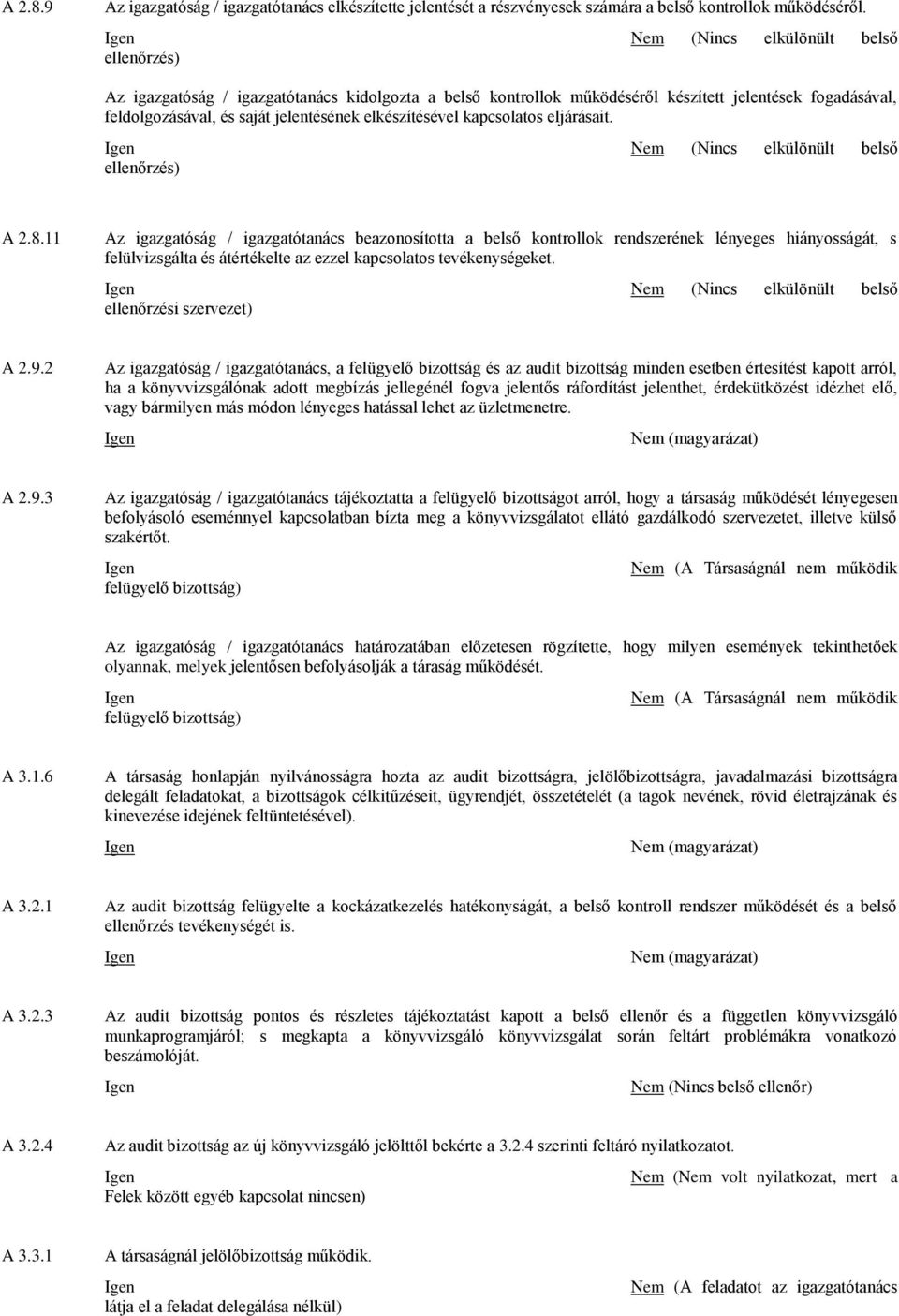 elkészítésével kapcsolatos eljárásait. Nem (Nincs elkülönült belső ellenőrzés) A 2.8.