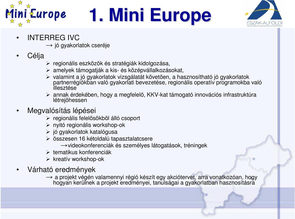 infrastruktúra létrejöhessen Megvalósítás lépései regionális felelısökbıl álló csoport nyitó regionális workshop-ok jó gyakorlatok katalógusa összesen 16 kétoldalú tapasztalatcsere videokonferenciák