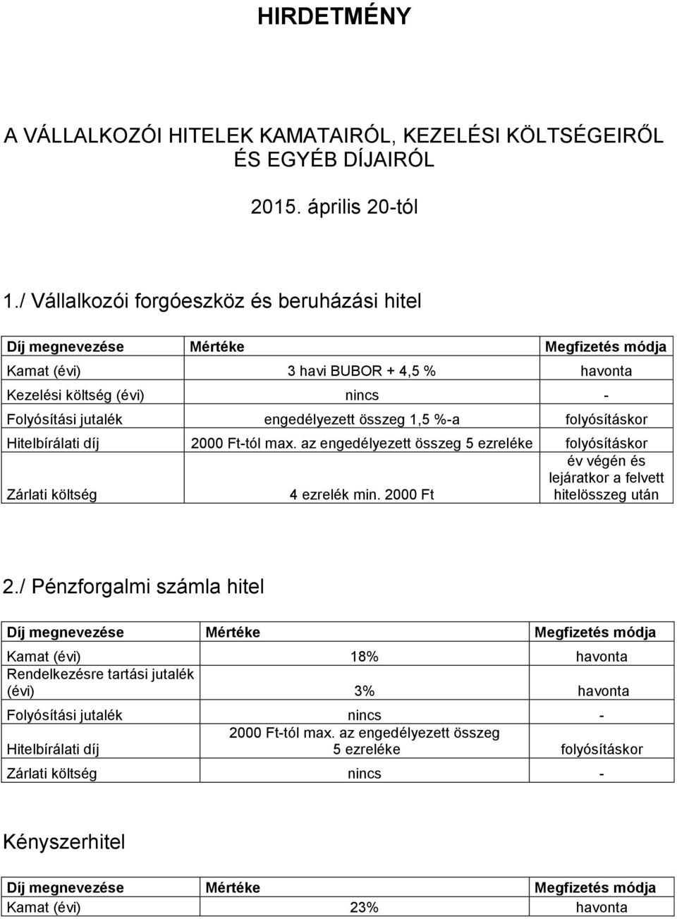 / Vállalkozói forgóeszköz és beruházási hitel Kezelési költség (évi) nincs - 2.