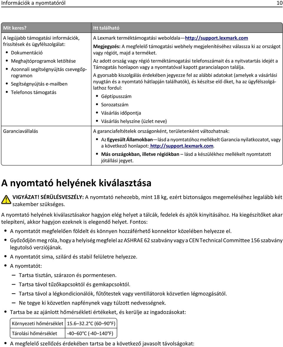 Garanciavállalás Itt található A Lexmark terméktámogatási weboldala http://support.lexmark.