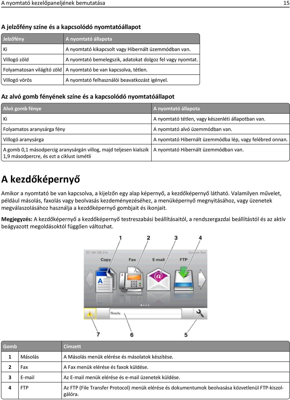 Az alvó gomb fényének színe és a kapcsolódó nyomtatóállapot Alvó gomb fénye Ki Folyamatos aranysárga fény Villogó aranysárga A gomb 0,1 másodpercig aranysárgán villog, majd teljesen kialszik 1,9