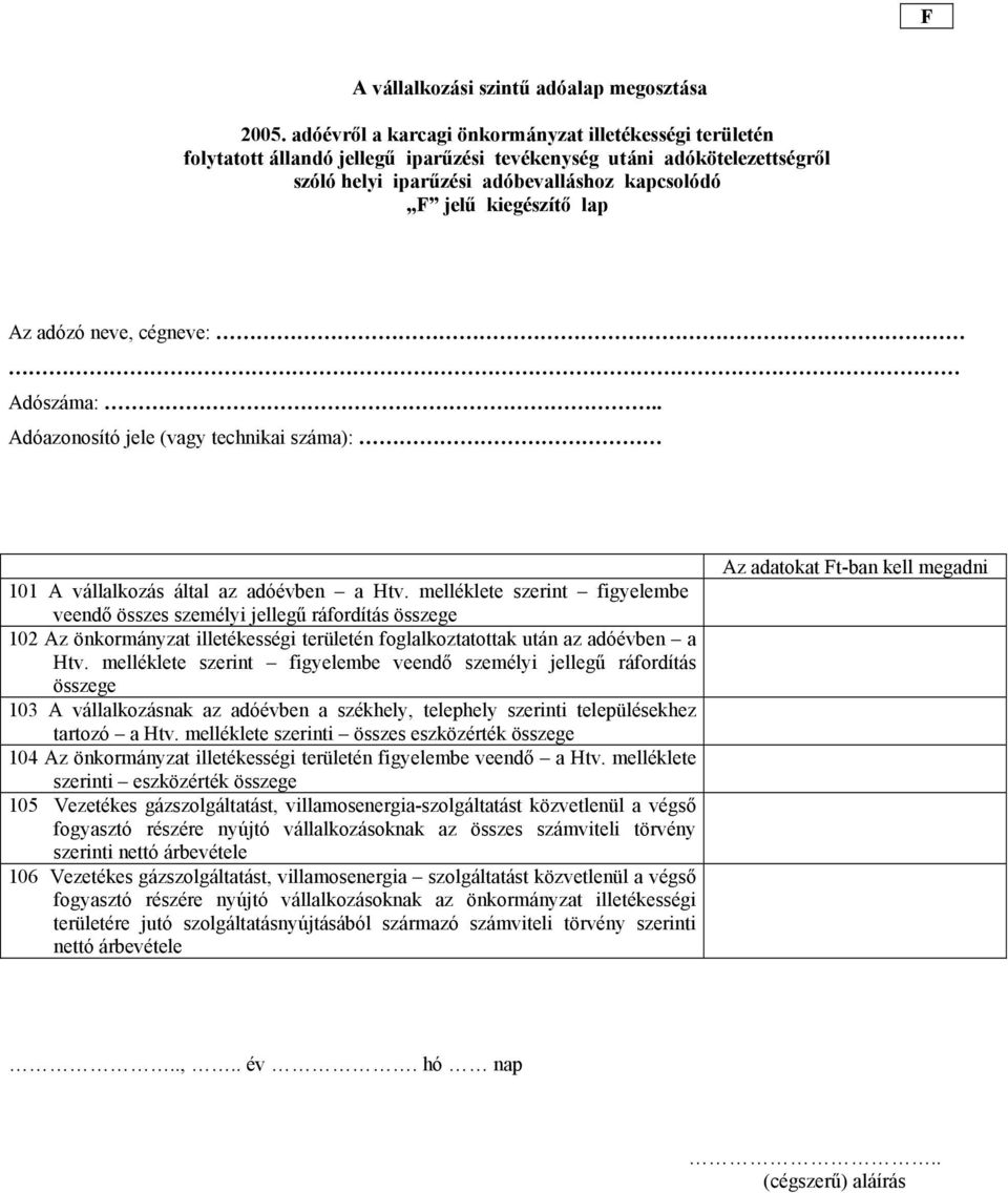 melléklete szerint figyelembe veendő személyi jellegű ráfordítás összege 103 A vállalkozásnak az adóévben a székhely, telephely szerinti településekhez tartozó a Htv.