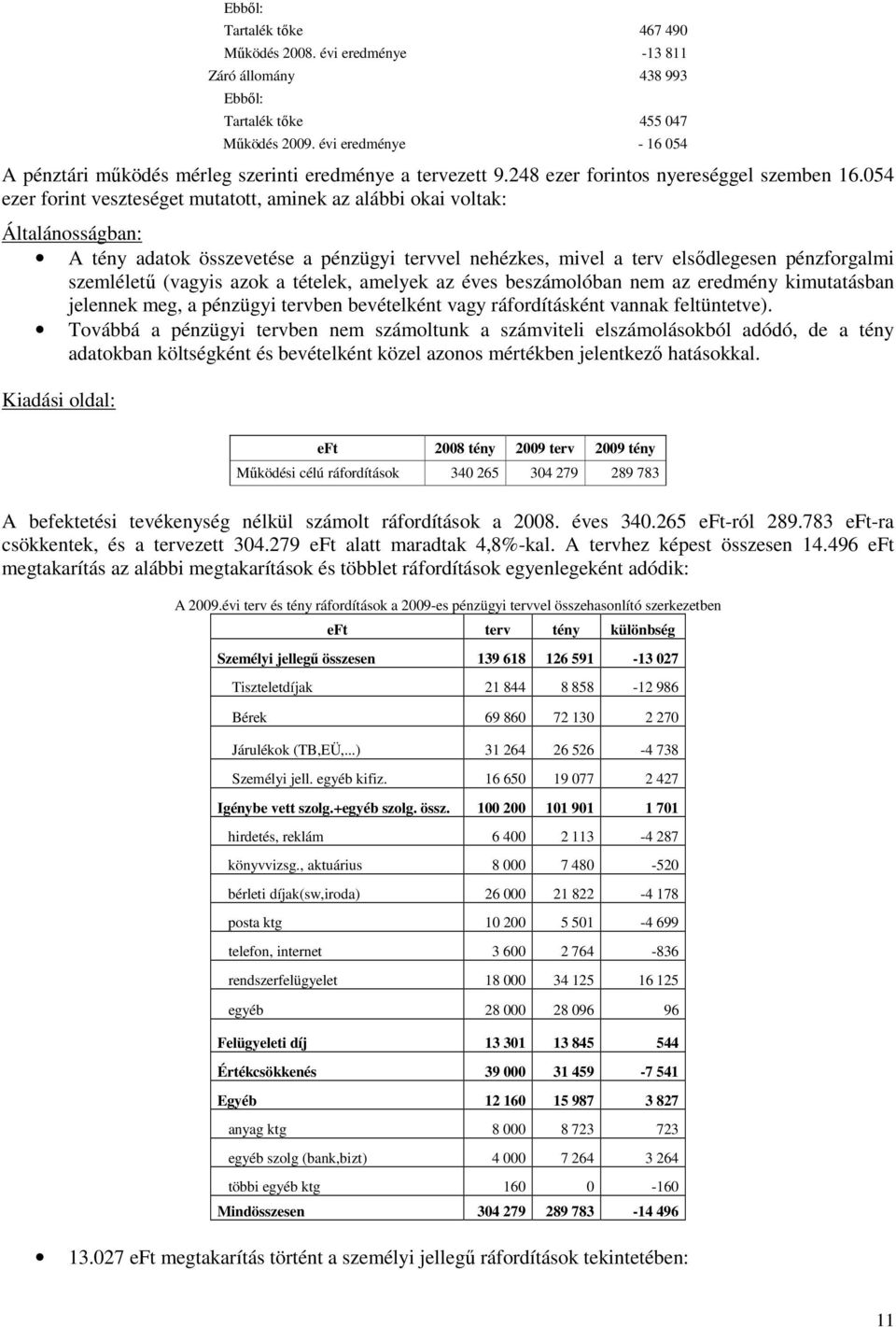 054 ezer forint veszteséget mutatott, aminek az alábbi okai voltak: Általánosságban: A tény adatok összevetése a pénzügyi tervvel nehézkes, mivel a terv elsıdlegesen pénzforgalmi szemlélető (vagyis