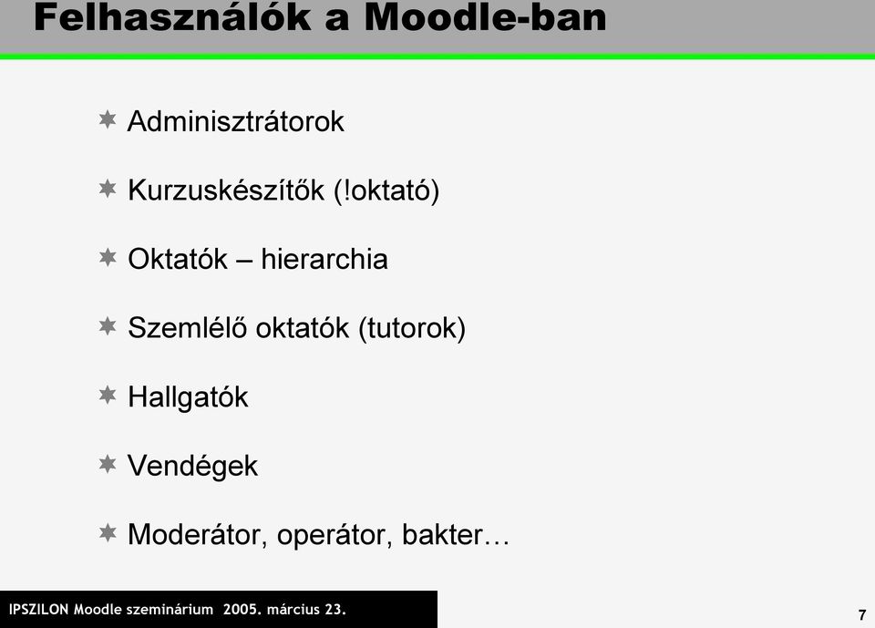 oktató) Oktatók hierarchia Szemlélő oktatók