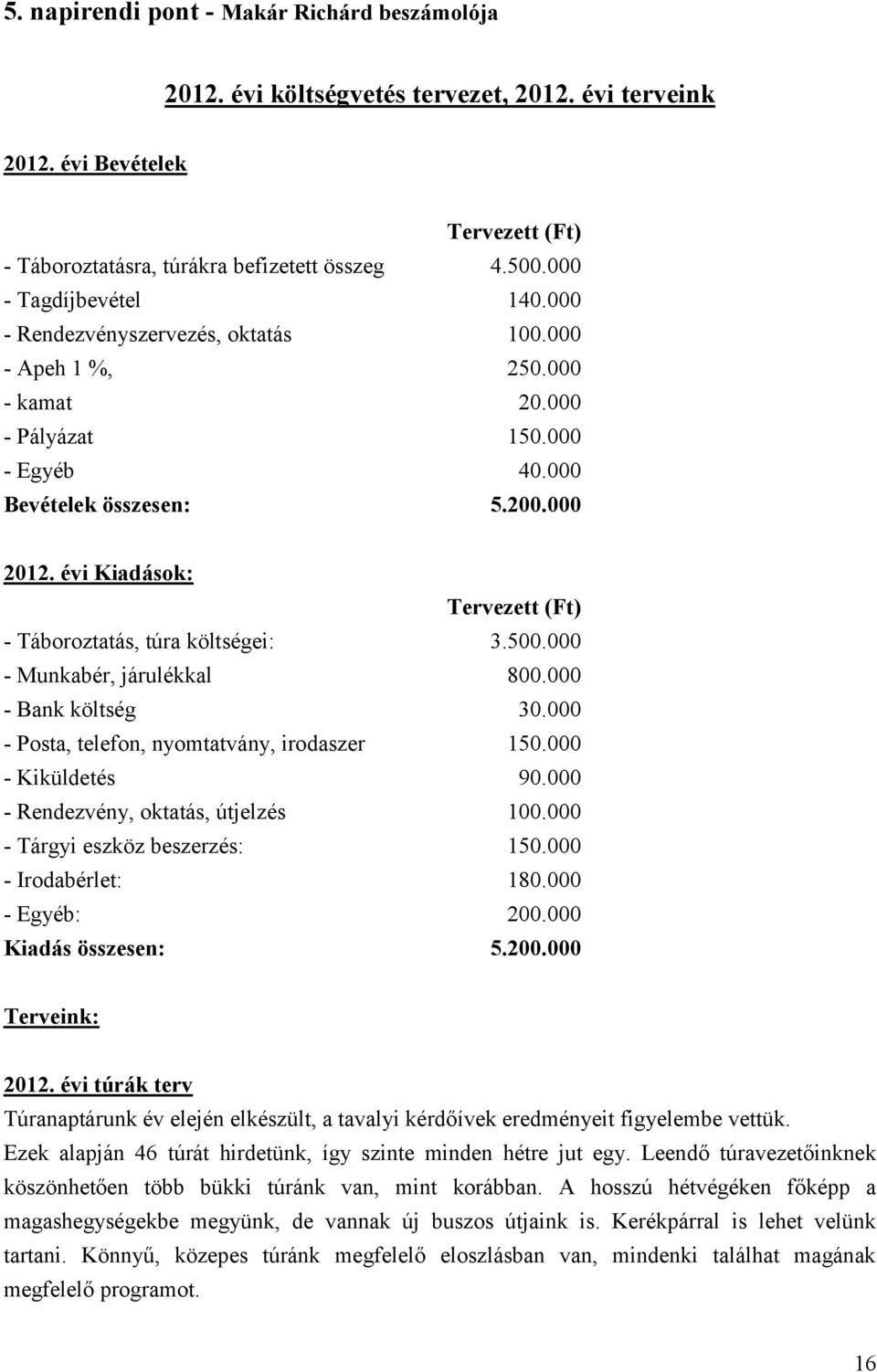 évi Kiadások: Tervezett (Ft) - Táboroztatás, túra költségei: 3.500.000 - Munkabér, járulékkal 800.000 - Bank költség 30.000 - Posta, telefon, nyomtatvány, irodaszer 150.000 - Kiküldetés 90.