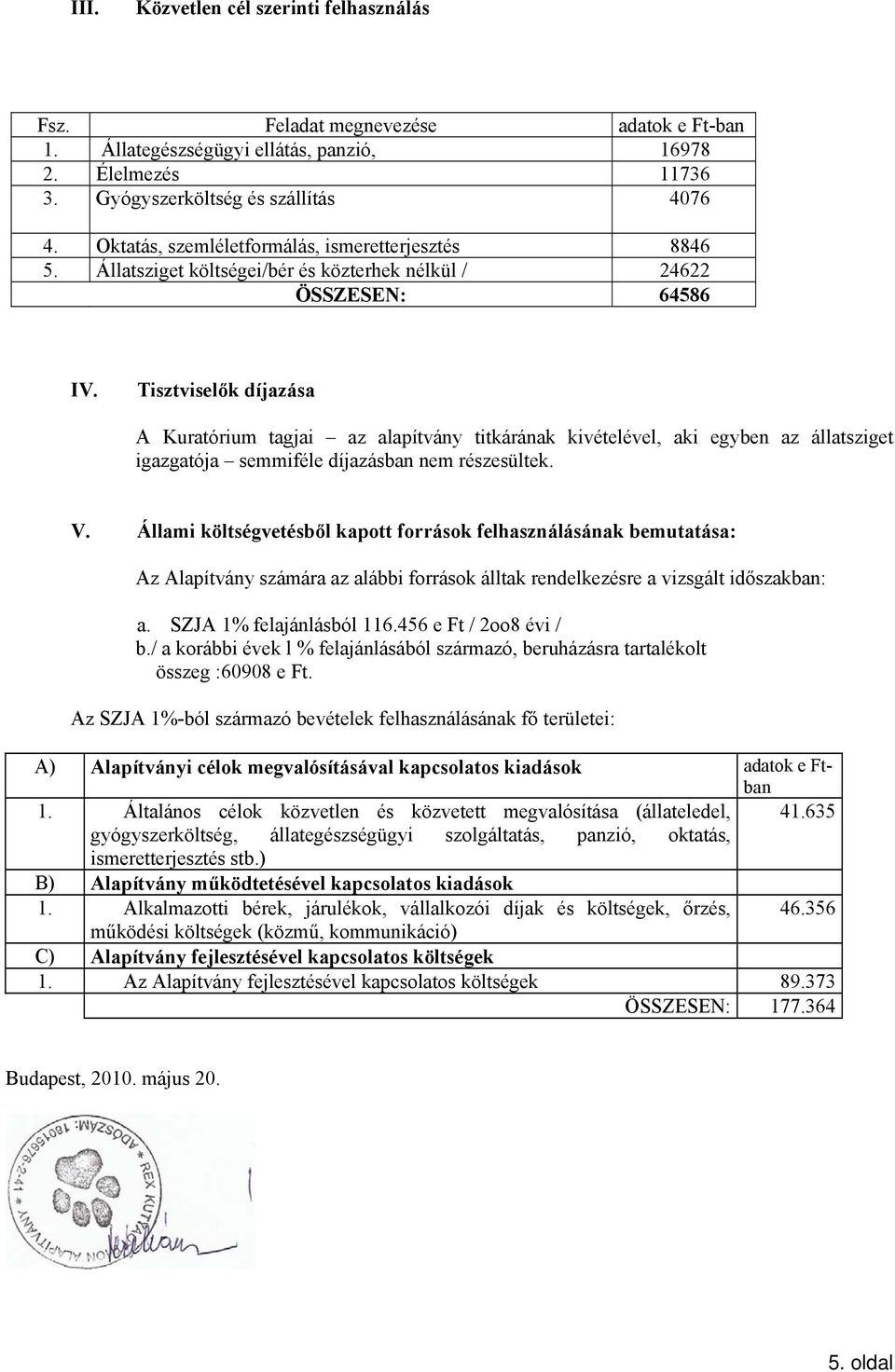 Tisztviselők díjazása A Kuratórium tagjai az alapítvány titkárának kivételével, aki egyben az állatsziget igazgatója semmiféle díjazásban nem részesültek. V.