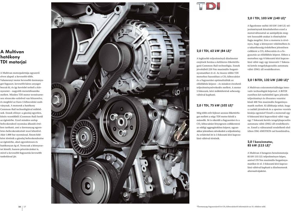 Minden TDI motor természetesen részecske-szűrővel van felszerelve, és megfelel az Euro-5 kibocsátási szabványnak. A motorok a hatékony ommon-rail technológiával működnek.