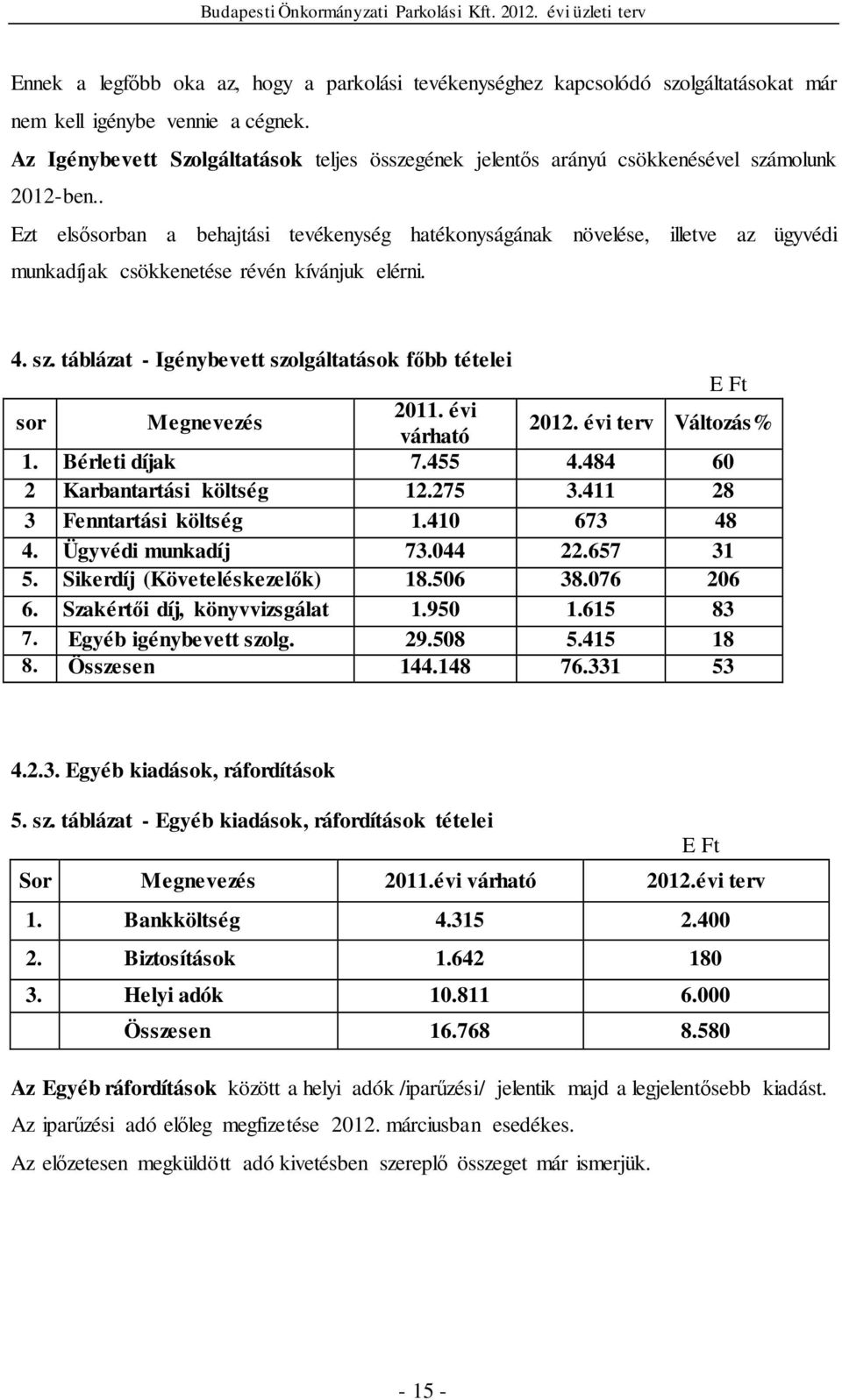 . Ezt elsősorban a behajtási tevékenység hatékonyságának növelése, illetve az ügyvédi munkadíjak csökkenetése révén kívánjuk elérni. 4. sz.