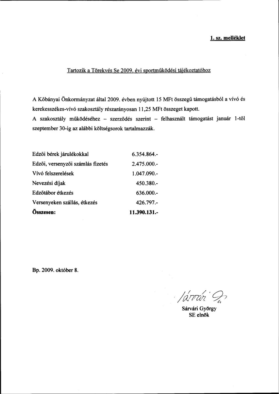 A szakosztály működéséhez - szerződés szerint - felhasznált támogatást január 1-től szeptember 30-ig az alábbi költségsorok tartalmazzák.