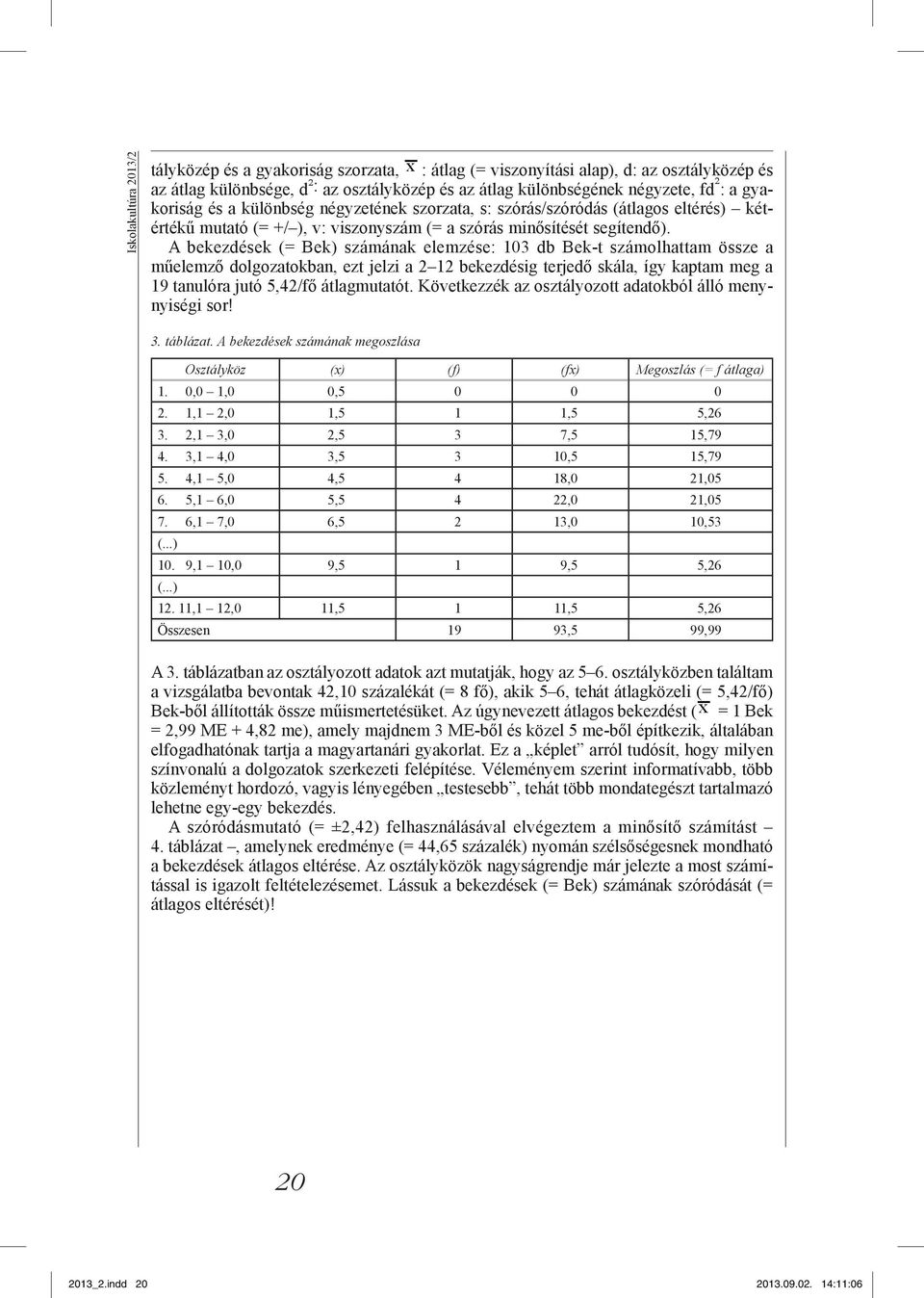 A bekezdések (= Bek) számának elemzése: 103 db Bek-t számolhattam össze a műelemző dolgozatokban, ezt jelzi a 2 12 bekezdésig terjedő skála, így kaptam meg a 19 tanulóra jutó 5,42/fő átlagmutatót.