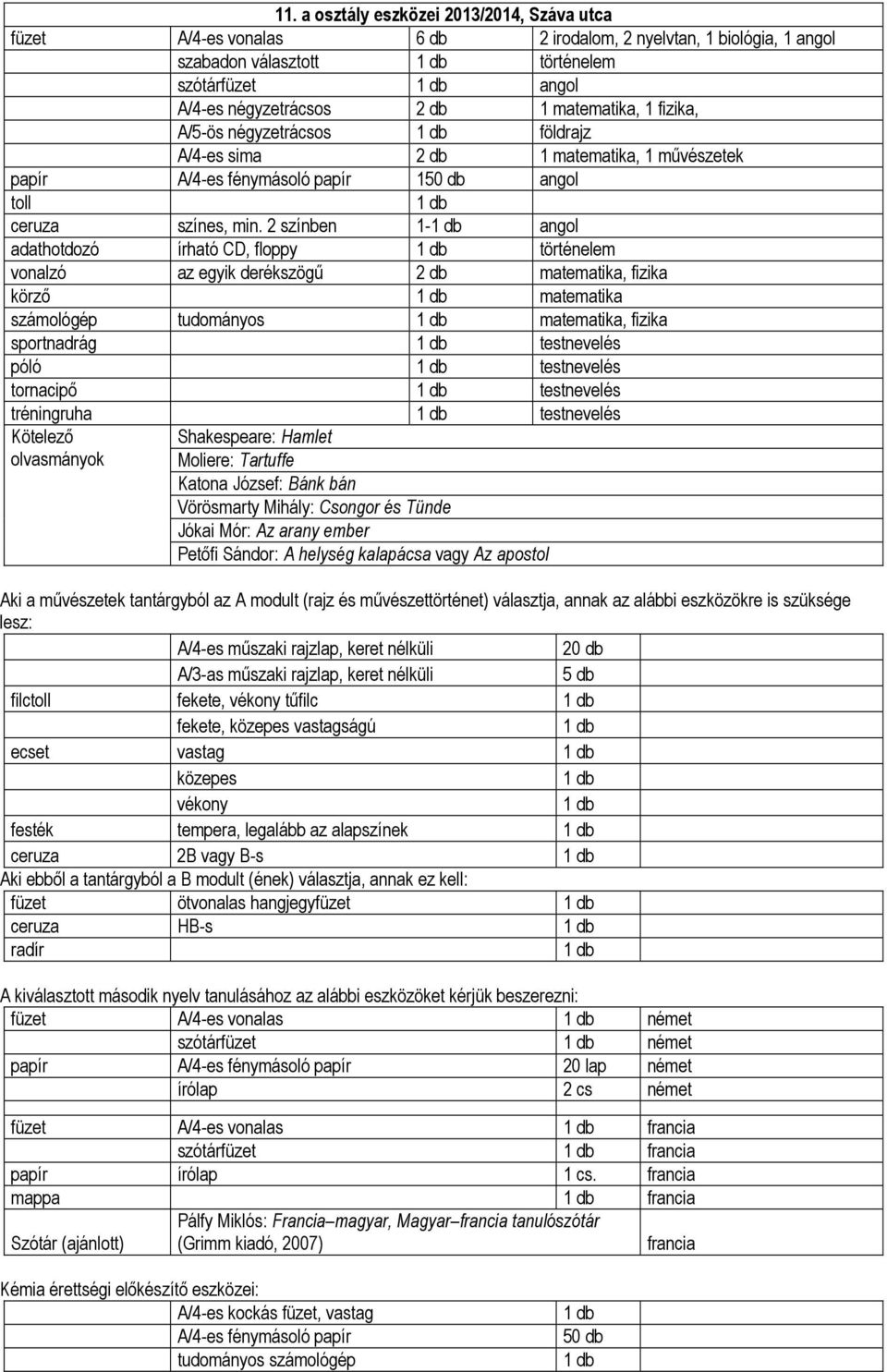 2 színben 1- angol adathotdozó írható CD, floppy történelem vonalzó az egyik derékszögű 2 db matematika, fizika körző matematika számológép tudományos matematika, fizika sportnadrág testnevelés póló