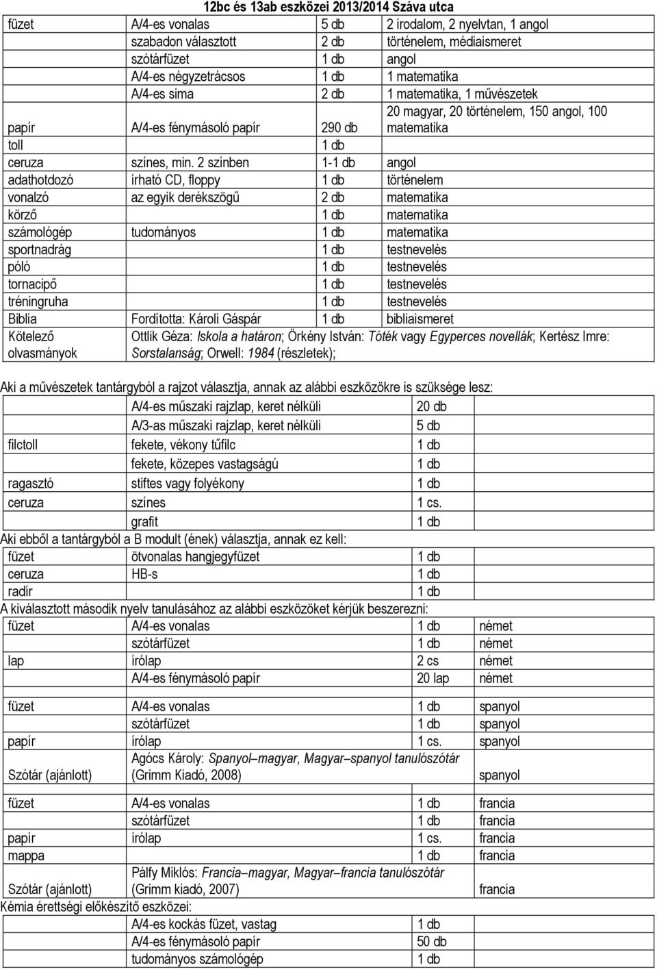 2 színben 1- angol adathotdozó írható CD, floppy történelem vonalzó az egyik derékszögű 2 db matematika körző matematika számológép tudományos matematika sportnadrág testnevelés póló testnevelés