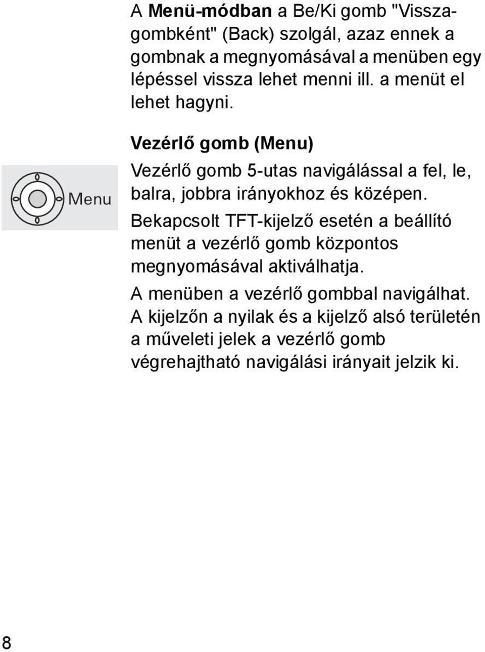 Menu Vezérlő gomb (Menu) Vezérlő gomb 5-utas navigálással a fel, le, balra, jobbra irányokhoz és középen.