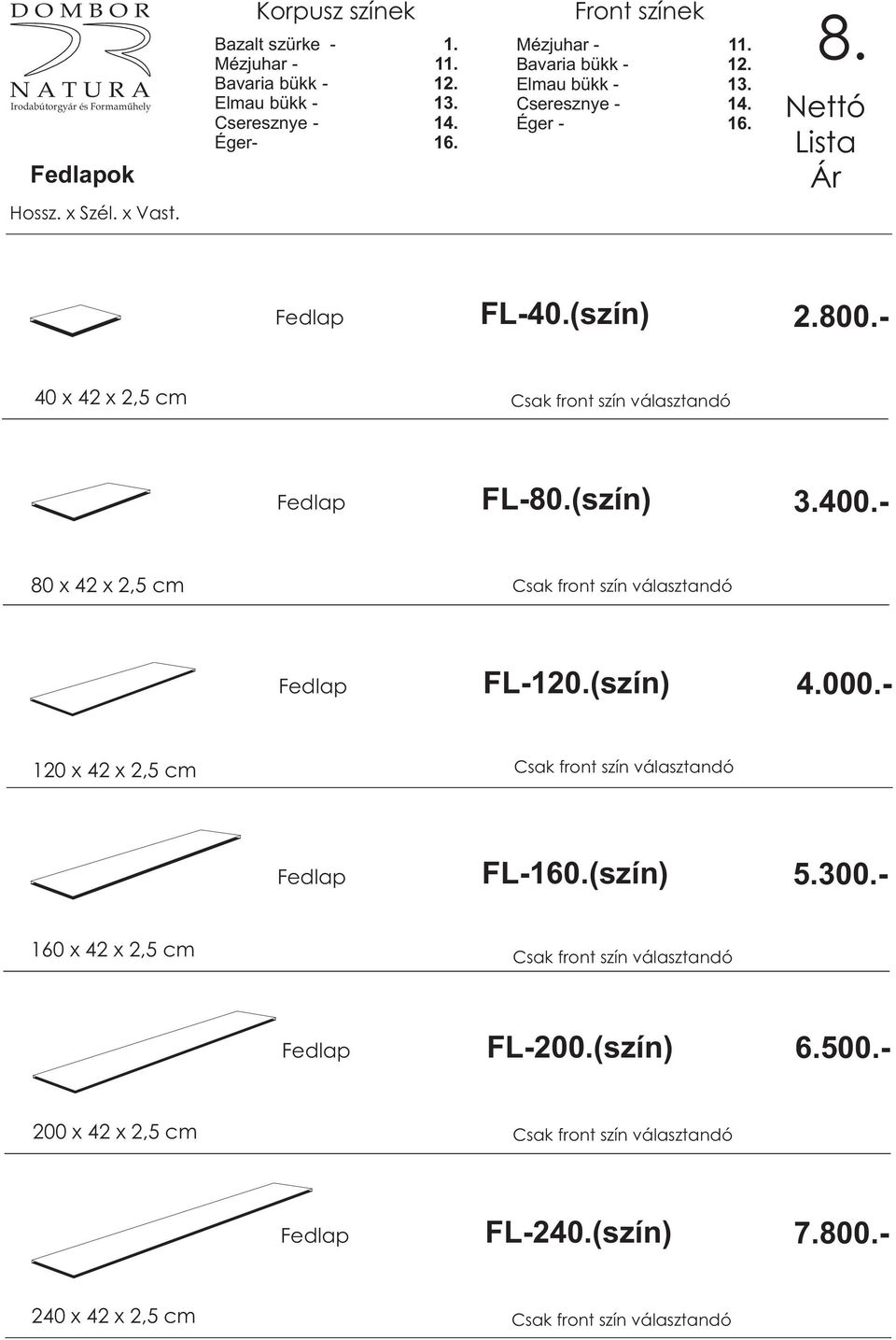 - 80 x 42 x 2,5 cm Csak front szín választandó Fedlap FL-120.(szín) 4.000.