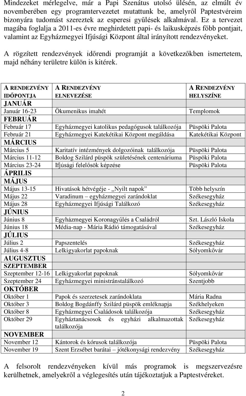 A rögzített rendezvények időrendi programját a következőkben ismertetem, majd néhány területre külön is kitérek.