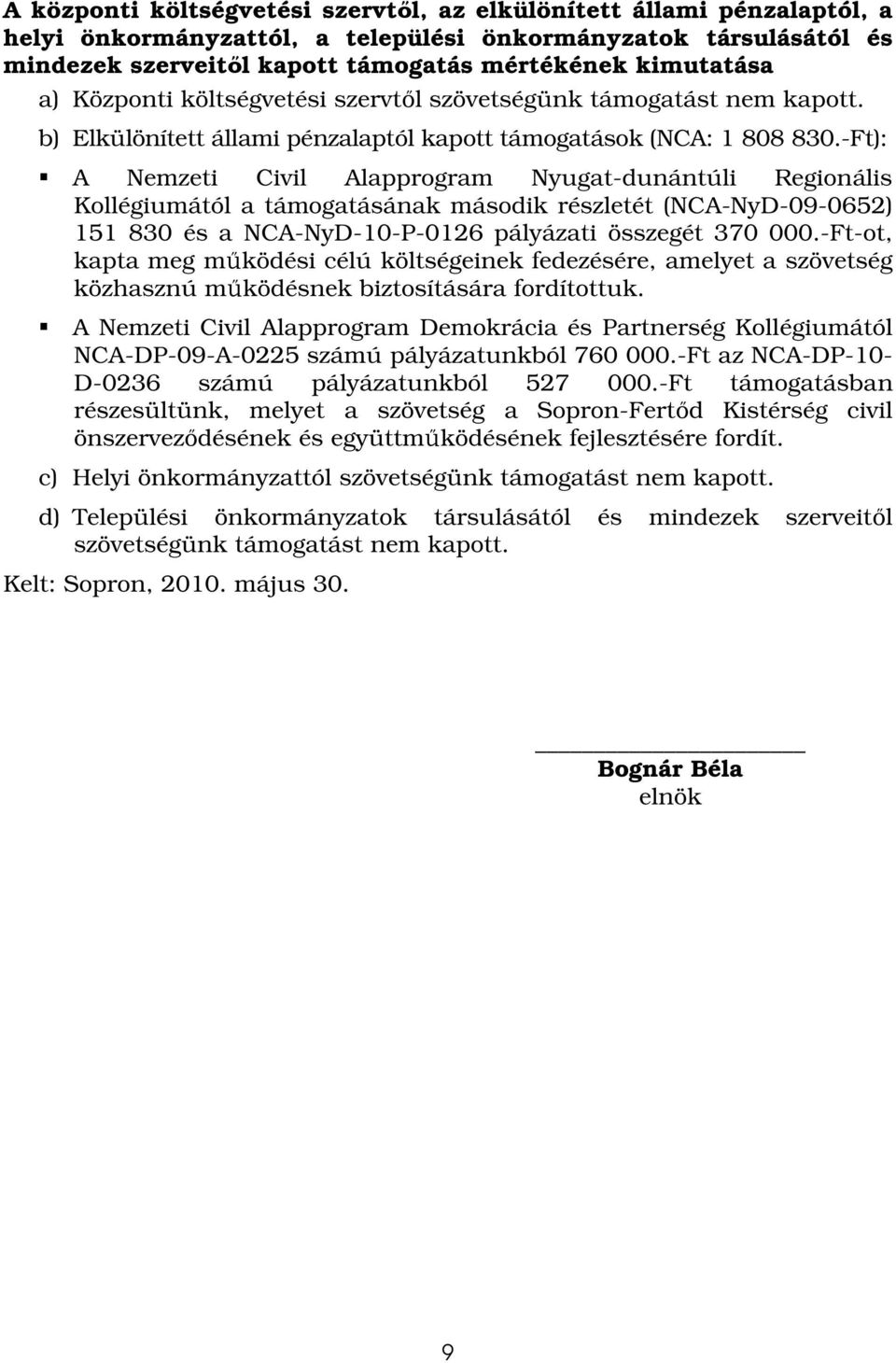 -Ft): A Nemzeti Civil Alapprogram Nyugat-dunántúli Regionális Kollégiumától a támogatásának második részletét (NCA-NyD-09-0652) 151 830 és a NCA-NyD-10-P-0126 pályázati összegét 370 000.